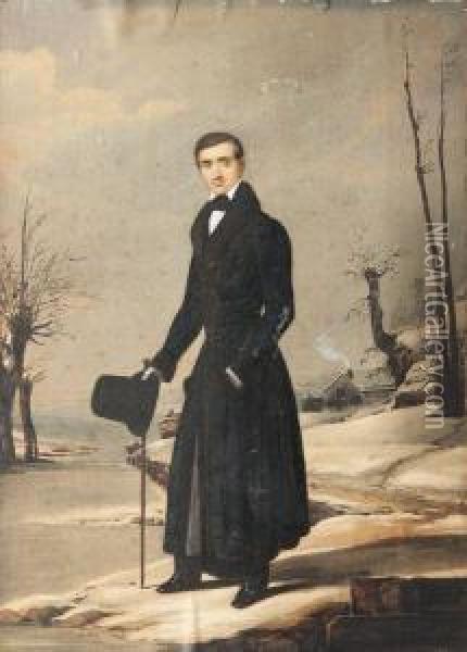 Portrait D'un Homme En Manteau Noir Dans Un Paysage D'hiver Oil Painting - William John Newton