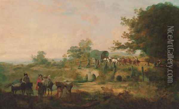 Travellers resting in a wooded river landscape, a horse-drawn covered wagon beyond Oil Painting - Julius Caesar Ibbetson