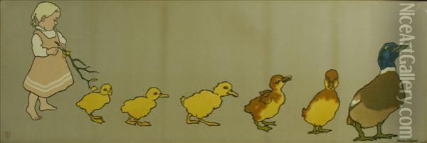A Line Of Ducks Col. Oil Painting - Gertrud Caspari