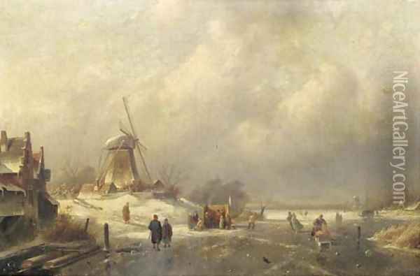 Figures and a koek en zopie on the ice by a windmill Oil Painting - Charles Henri Leickert