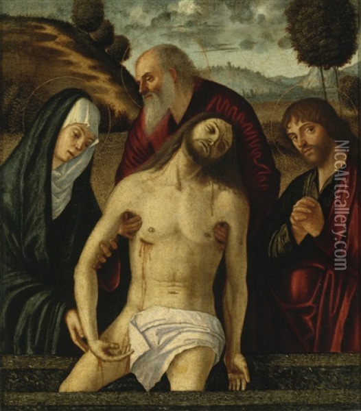 The Lamentation, With The Madonna And Saints Joseph Of Arimathea And John The Evangelist Oil Painting - Vittore Carpaccio