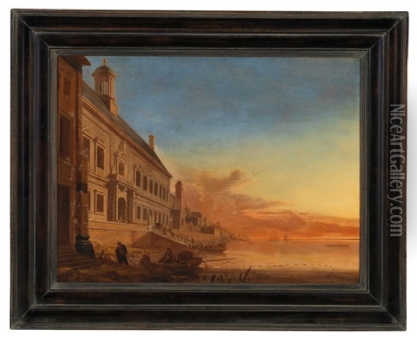A Palace On A Southern Harbour Promenade In The Evening Light Oil Painting - Gerard Houckgeest