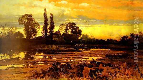 Sunset: a Figure feeding Geese in a Marsh Landscape Oil Painting - John Horace Hooper
