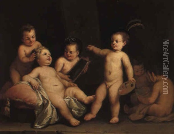 Putti As Apelles And Campaspe Oil Painting - Jacopo Amigoni