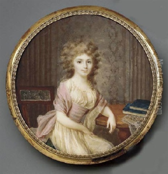 A Young Lady Seated In An Interior Beside A Wooden Table With Books And Music, Facing Right, In White Silk Dress Oil Painting - Joseph (Derunton) Deranton