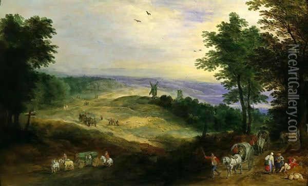 A Wooded Landscape With Travellers On A Track, A Windmill Beyond Oil Painting - Joos De Momper