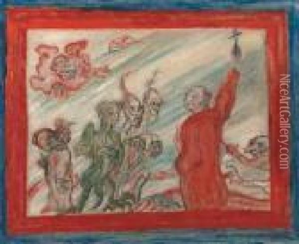 Diables Turlupant Un Religieux - Devils Teasing A Monk Oil Painting - James Ensor