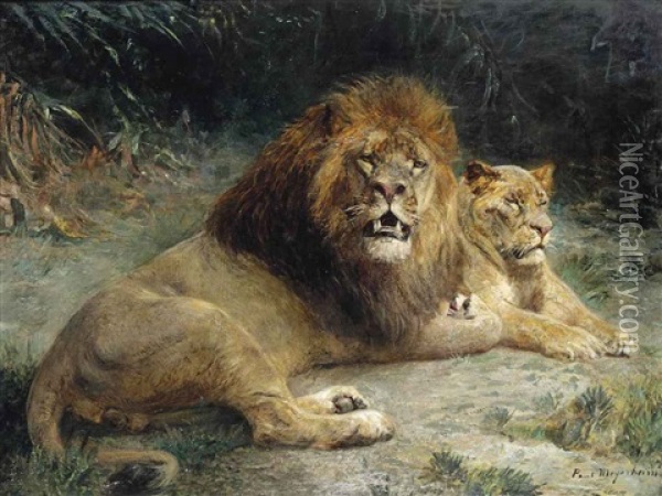 A Lion And A Lioness Basking In The Sun Oil Painting - Paul Friedrich Meyerheim