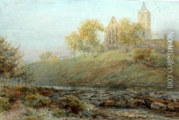 Riverside Church, Signed Watercolour, 33x48cm Oil Painting - James Orrock