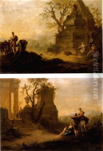A Classical Landscape With Travellers Resting Before A Ruined Tomb Oil Painting - Franz de Paula Ferg