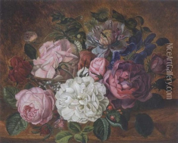Stillleben Mit Rosen Und Christrose Oil Painting - Andreas Lach