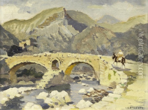 Continental Landscape With Stone Bridge Oil Painting - Adolphe Valette