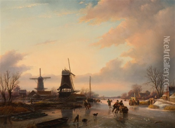 Merriment By The Mill With Skaters With A Kicksledge And A 'koek-en-zopie-tent' With The City Of Dordrecht In The Background Oil Painting - Jan Jacob Spohler