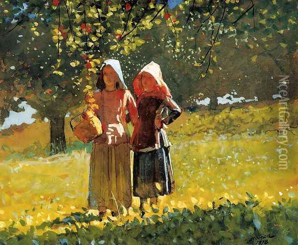 Apple Picking (or Two Girls in sunbonnets or in the Orchard) Oil Painting - Winslow Homer