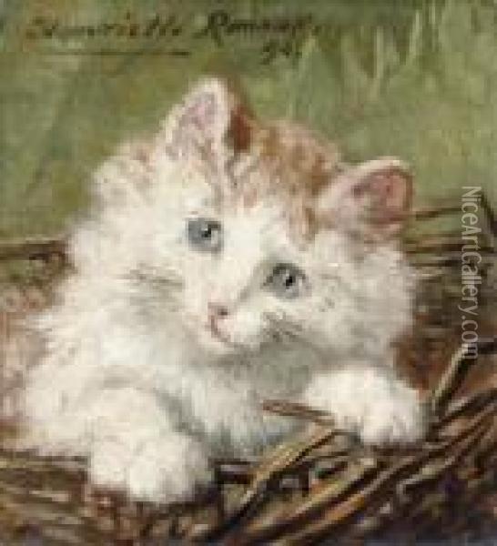 White Kitten In A Basket Oil Painting - Henriette Ronner-Knip