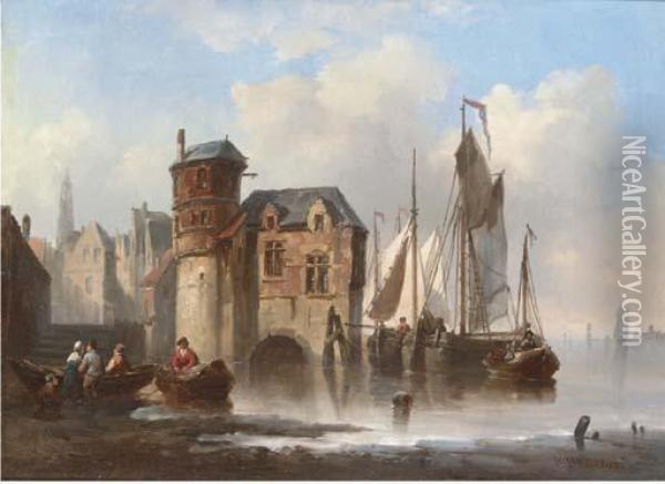 Barges Moored Off A Merchant's House In The Low Countries Oil Painting - Johannes Hermann Barend Koekkoek