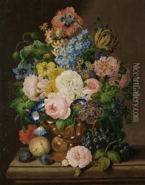 An Impressive Still Life Of Flowers In An Urn Resting On A Ledge With Fruit And Flowers Oil Painting - Georg Seitz