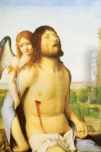 The Dead Christ Supported by an Angel 1476 Oil Painting - Antonello da Messina Messina