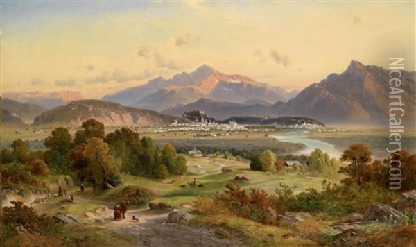 Blick Auf Salzburg Von Norden Oil Painting - Josef Mayburger
