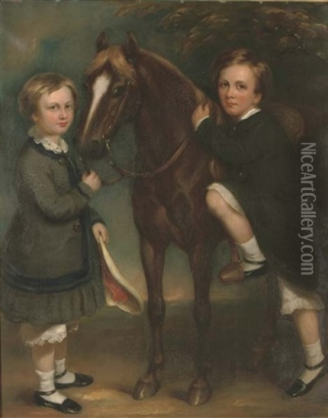 Double Portrait Of Children, Full-length, With A Pony Oil Painting - Margaret Sarah Carpenter