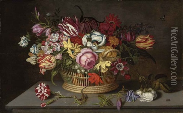 Roses, Tulips, Carnations, Marigolds And Other Flowers In A Woven Basket, With Caterpillars, A Lizard, A Ladybird, And Other Insects, On A Stone Ledge Oil Painting - Ambrosius Bosschaert the Younger