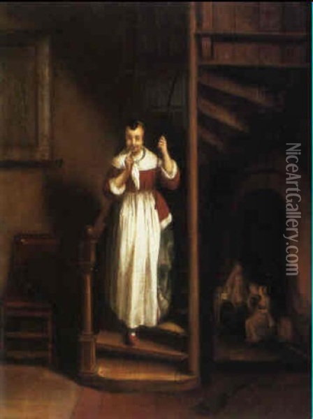 Die Neugierige Hausfrau Oil Painting - Nicolaes Maes