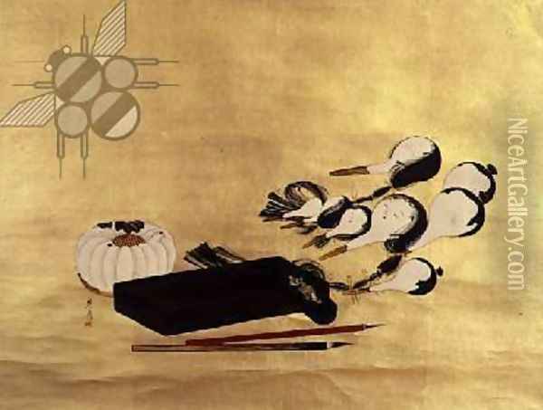 Inro, Brushes and Puppet Heads, Japanese, 19th century Oil Painting - Zeshin Shibata