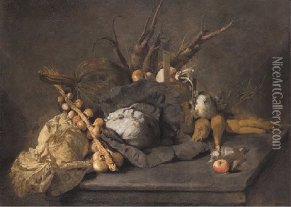 Nature Morte Aux Choux, Aux Oignons, Carottes, Panais Et Pommes Oil Painting - Michel Honore Bounieu
