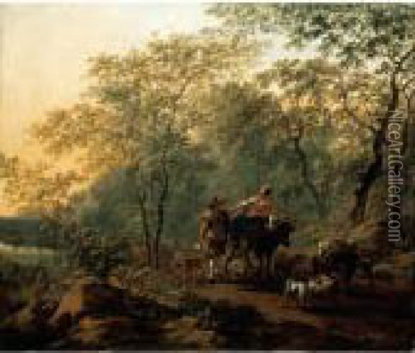 An Italianate Landscape With A 
Lady Riding An Ox And A Drover Walking Beside With His Animals Oil Painting - Nicolaes Berchem
