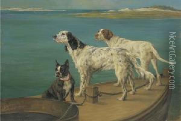For Divers Reasons: Two Setters And A Boston Terrier On A Barge Oil Painting - Maud Earl