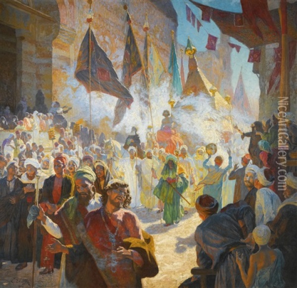 The Procession Of The Mahmal Through The Streets Of Cairo Oil Painting - Ludwig Deutsch