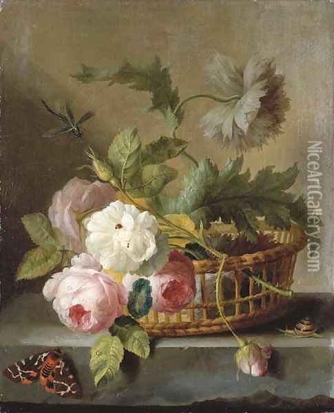 Roses and morning glory in a basket on a stone ledge Oil Painting - Jan Frans Van Dael