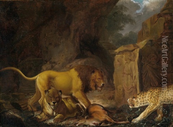 Ein Lowe Mit Seiner Beute Und Ein Leopard Oil Painting - Carl Borromaus Andreas Ruthart