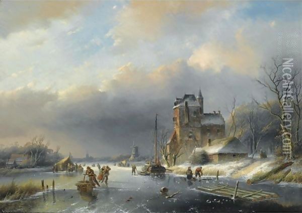 A Winter Landscape With Many Figures On A Frozen Waterway Oil Painting - Jan Jacob Coenraad Spohler
