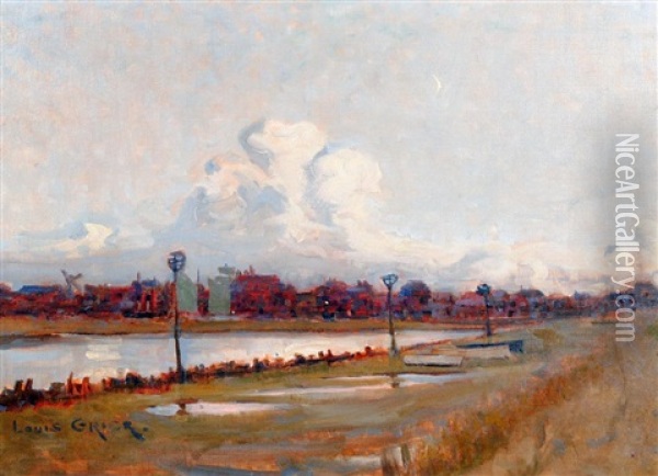Evening River Scene With Town Beyond Oil Painting - Louis Monro Grier