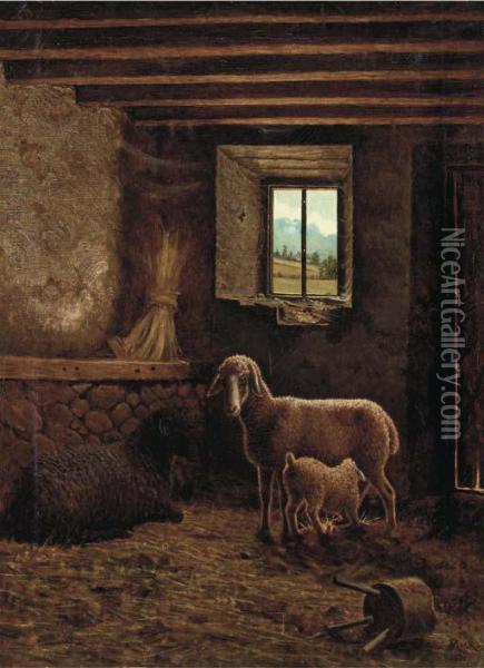 Sheep In A Barn Oil Painting - Eugene Meeks