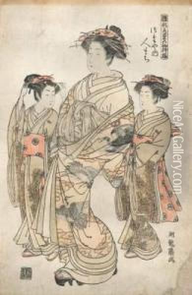 Les Mannequins De La Mode, Hitomachi De La Maison Tsutaya Avec Ses Deux Servantes Oil Painting - Isoda Koryusai