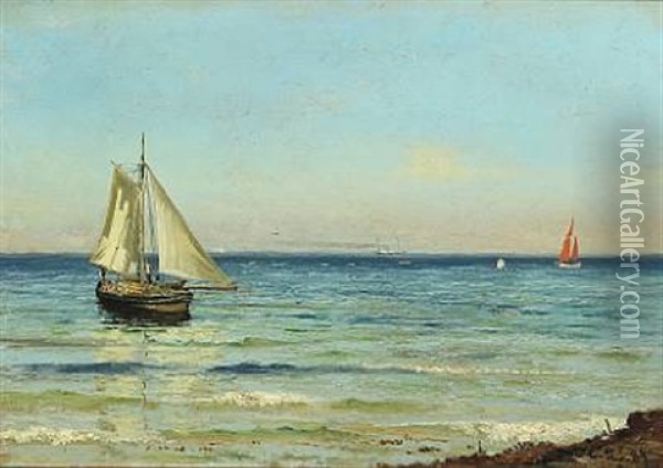 Boats At Sea A Sunny Summer's Day Oil Painting - Carl Ludvig Thilson Locher
