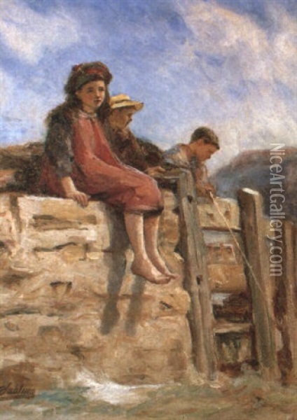 Sunshine- Children Sitting On A Wall Oil Painting - Robert Jobling