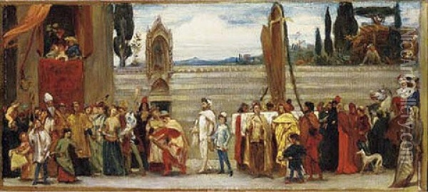 A Colour Sketch For Cimabue's Celebrated Madonna Is Carried In Procession Throught The Streets In Florence Oil Painting - Lord Frederic Leighton