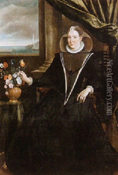 Portrait Of A Noblewoman Wearing Black Seated Beside A Vase Of Flowers, Harbour Beyond Oil Painting - Scipione Pulzone
