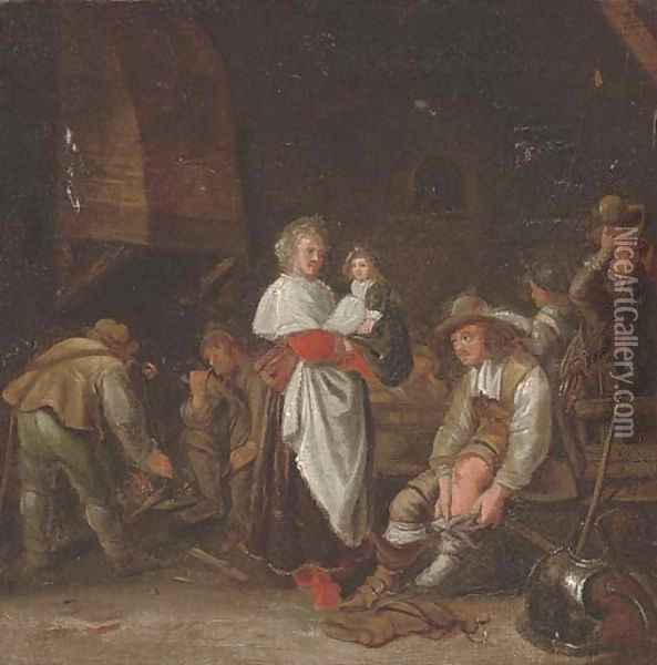 A cavalier putting his boots on and other figures in an guardroom Oil Painting - Simon Kick