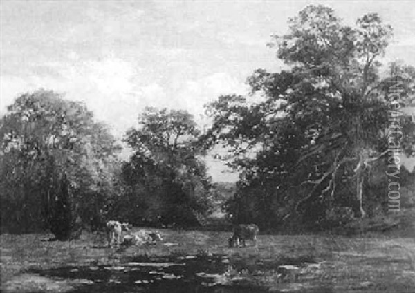 Landscape With Cattle By A Stream Oil Painting - Joseph Foxcroft Cole