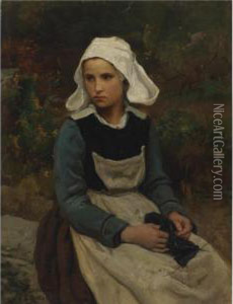 Young Brittany Girl Knitting Oil Painting - Jules Breton