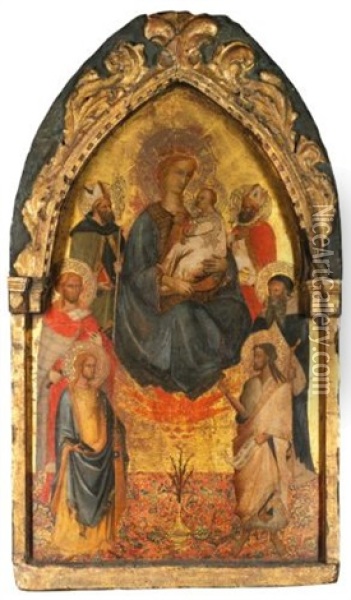 The Madonna And Child Accompanied By A Bishop Saint, Saints Julian The Hospitator, James The Greater(?), John The Baptist, Anthony Abbot And Nicholas Of Bari Oil Painting -  Maestro del Cristo Docente