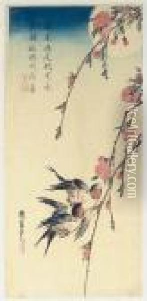 Swallows And Peach Blossoms Under Full Moon Oil Painting - Utagawa or Ando Hiroshige