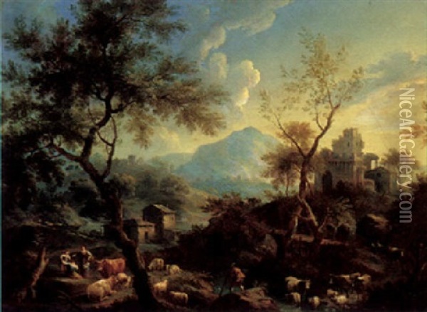 Italianate Landscape With Herders By A River And Ruins Oil Painting - Giovanni Battista Cimaroli