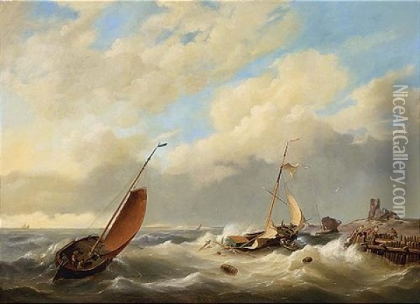 A Sailing Boat In Distress Oil Painting - Hermanus Koekkoek the Elder