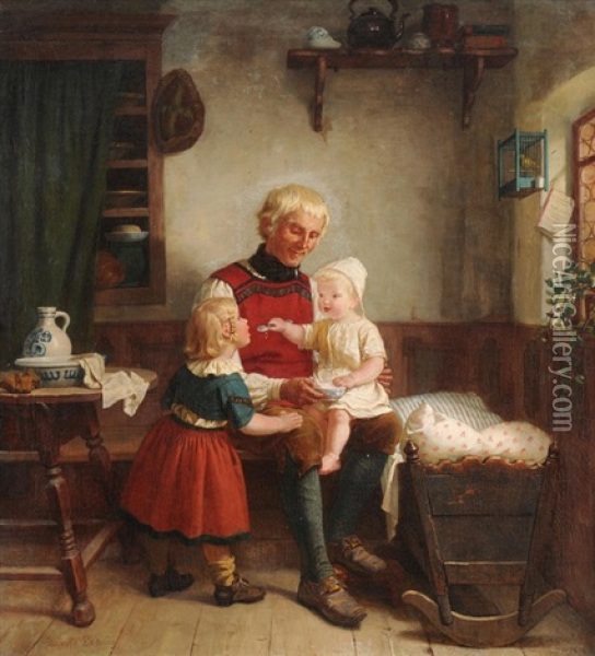 Bauerliches Stubeninterieur Mit Grossvater Und Enkelkindern Oil Painting - Auguste Ludwig