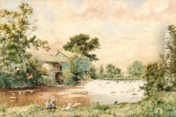 At The Old Mill Pond Oil Painting - John William Hill